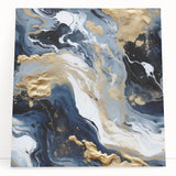 Abstract wall art featuring vibrant strokes of blue, orange, and yellow on a stretched canvas, leaning against a neutral wall, perfect for modern home decor.