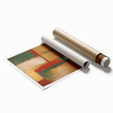 Abstract wall art print showcasing vibrant strokes in shades of blue, orange, and yellow, rolled for easy shipping and display in modern decor settings. Ideal for enhancing contemporary interiors with a splash of color and creativity.