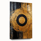 Abstract wall art featuring vibrant strokes in shades of blue, orange, and yellow, displayed in an acrylic glass frame, highlighting its modern design and sleek finish.