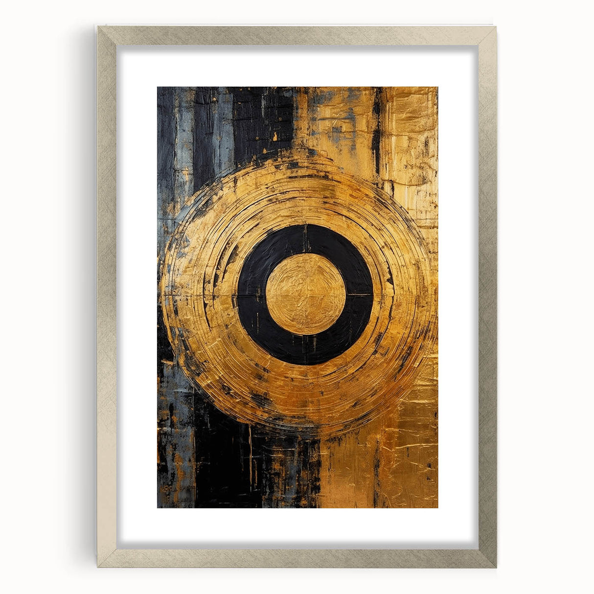 Abstract wall art featuring vibrant strokes in shades of blue, gold, and silver, framed with a sleek silver mat, perfect for modern home decor.