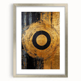 Abstract wall art featuring vibrant strokes in shades of blue, gold, and silver, framed with a sleek silver mat, perfect for modern home decor.