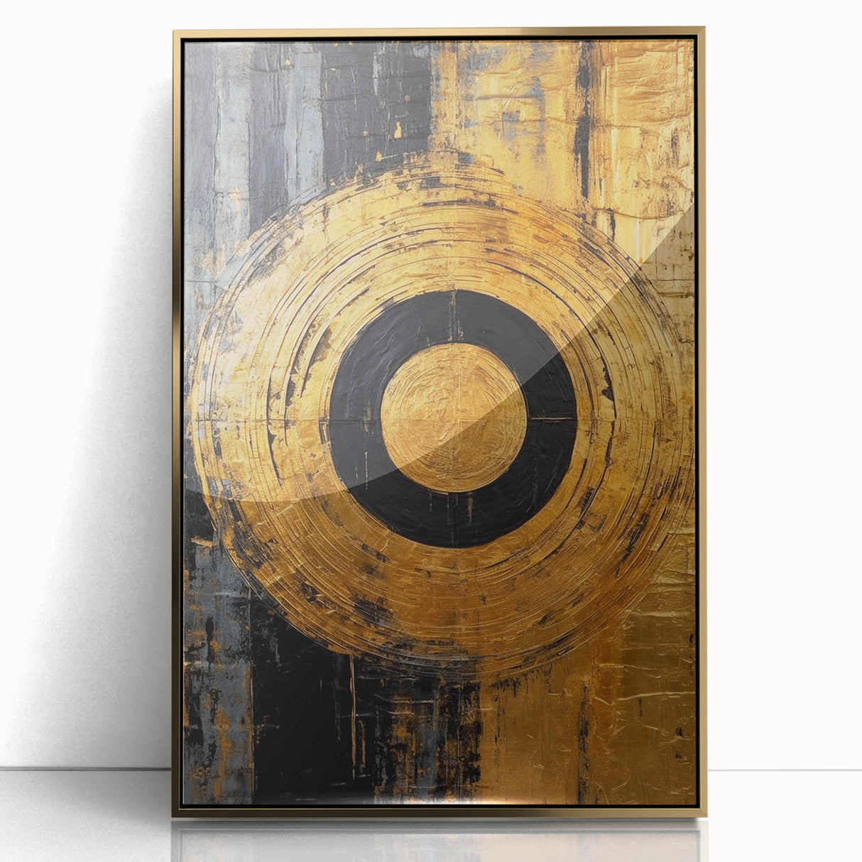 Framed abstract wall art featuring gold and black strokes on a textured surface, perfect for modern home decor. Ideal for living rooms or offices.