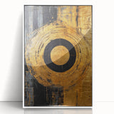 Framed abstract wall art showcasing vibrant strokes in shades of blue, pink, and gold, set against a sleek white background, ideal for modern decor.