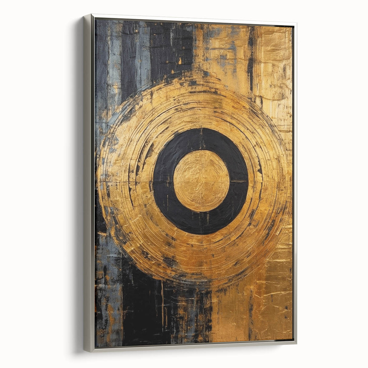 Framed wall art featuring abstract strokes in silver tones, showcasing a modern design suitable for contemporary decor. Side view highlights the canvas texture and elegant frame.