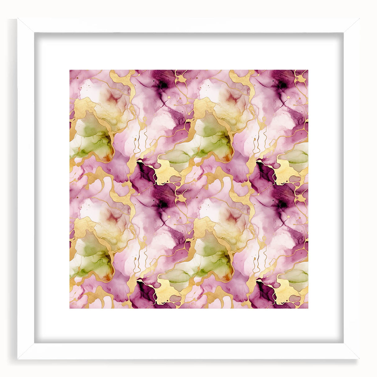 Abstract wall art print featuring vibrant strokes in shades of blue, pink, and gold, framed with a white mat, perfect for modern home decor. This eye-catching piece adds a contemporary touch to any living space.