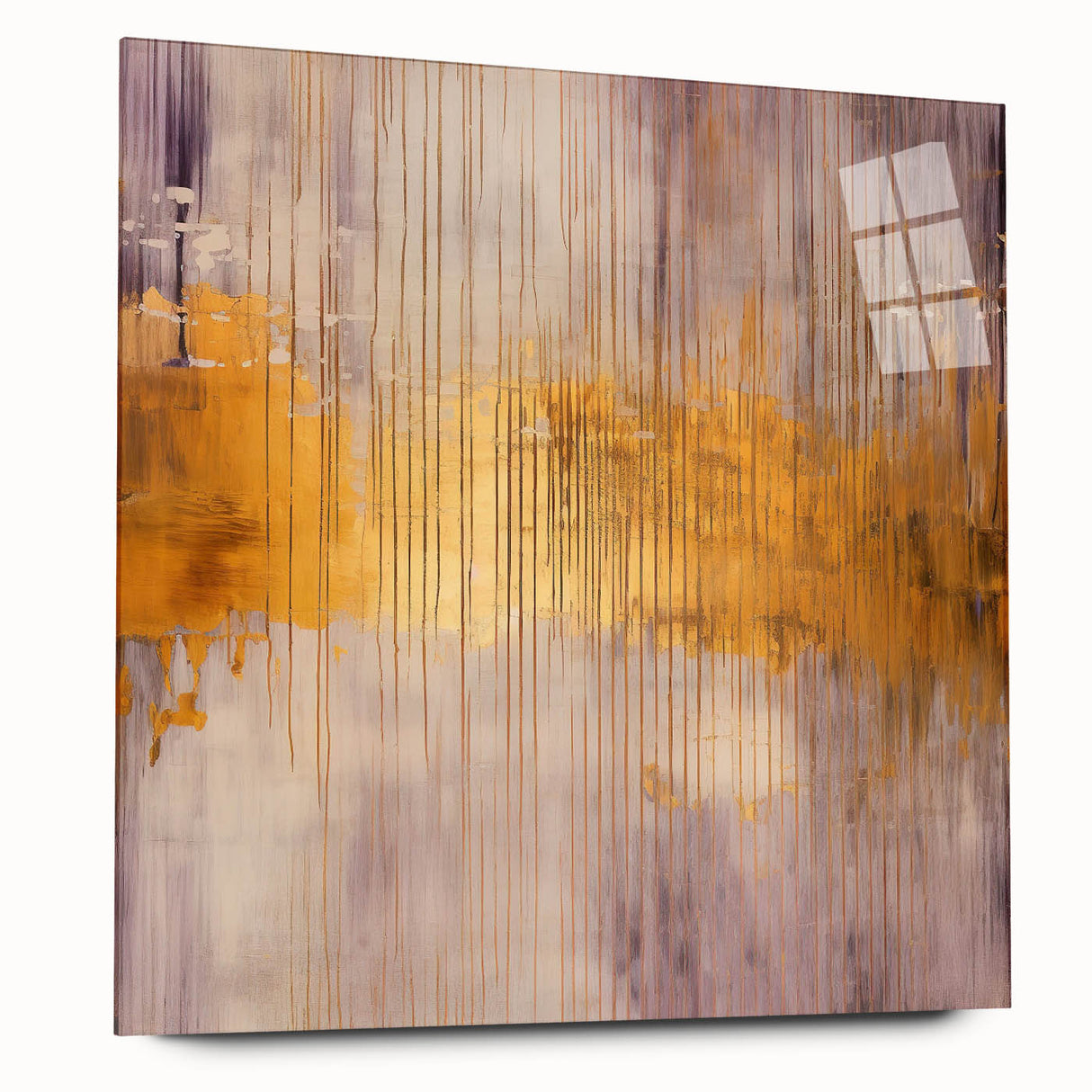 Abstract wall art print featuring vibrant strokes in shades of blue, orange, and yellow, elegantly displayed in a sleek acrylic frame, enhancing modern decor. Ideal for contemporary spaces, this artwork adds a touch of color and sophistication.