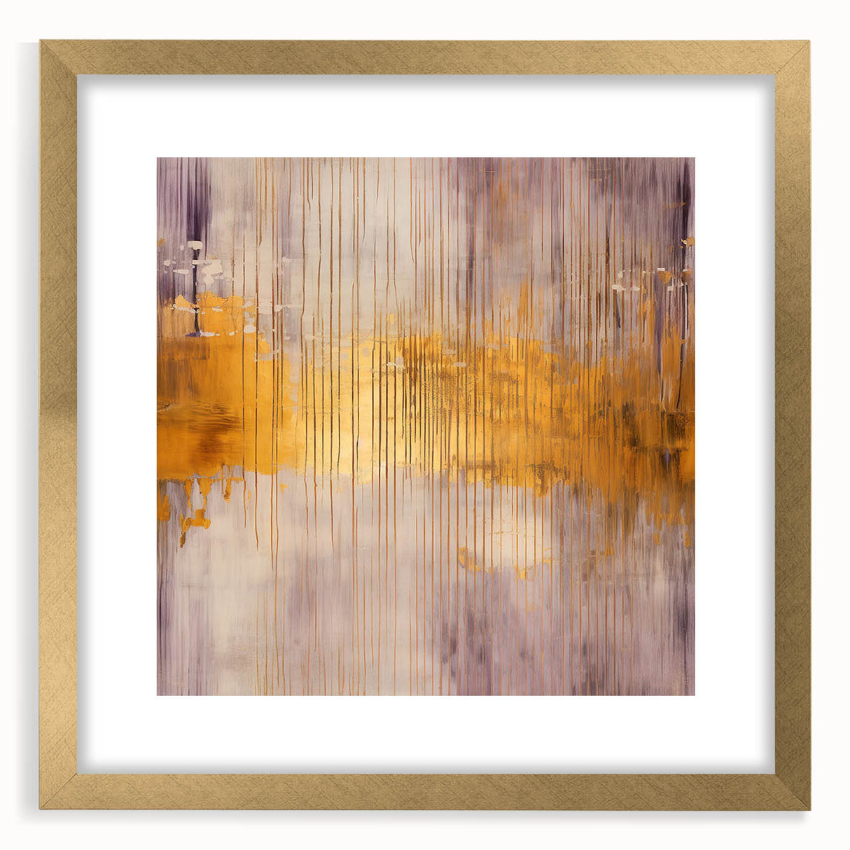 Abstract strokes wall art framed in gold with a white mat, showcasing a modern design with vibrant colors and dynamic patterns, ideal for contemporary decor.