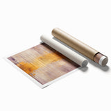 Abstract strokes wall art print showcasing vibrant colors of blue, orange, and yellow, rolled and ready for display, perfect for modern home decor.