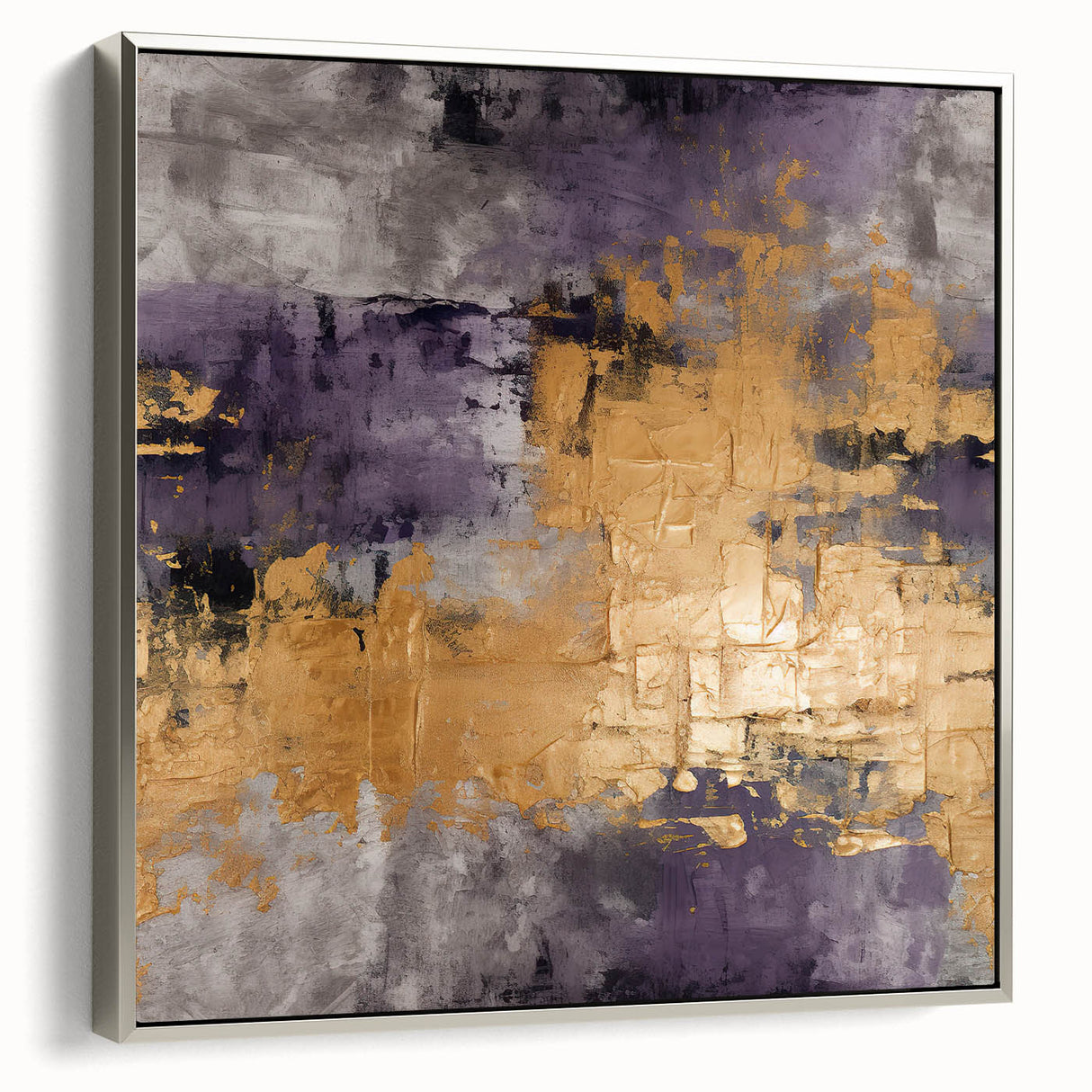 Framed wall art featuring abstract strokes in shades of silver and gray, showcasing a modern design that adds elegance to any decor. Perfect for contemporary spaces.