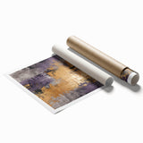 Abstract wall art print showcasing vibrant strokes of blue, orange, and yellow, rolled and ready for display, perfect for modern home decor.