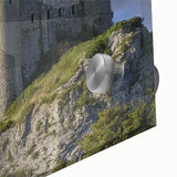 Close-up of a vibrant acrylic landscape painting showcasing a majestic castle surrounded by lush greenery and a clear blue sky, perfect for home decor.