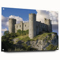 Acrylic glass artwork depicting a stunning landscape with a castle, presented in a sleek side view, showcasing vibrant colors and detailed textures, perfect for home decor.