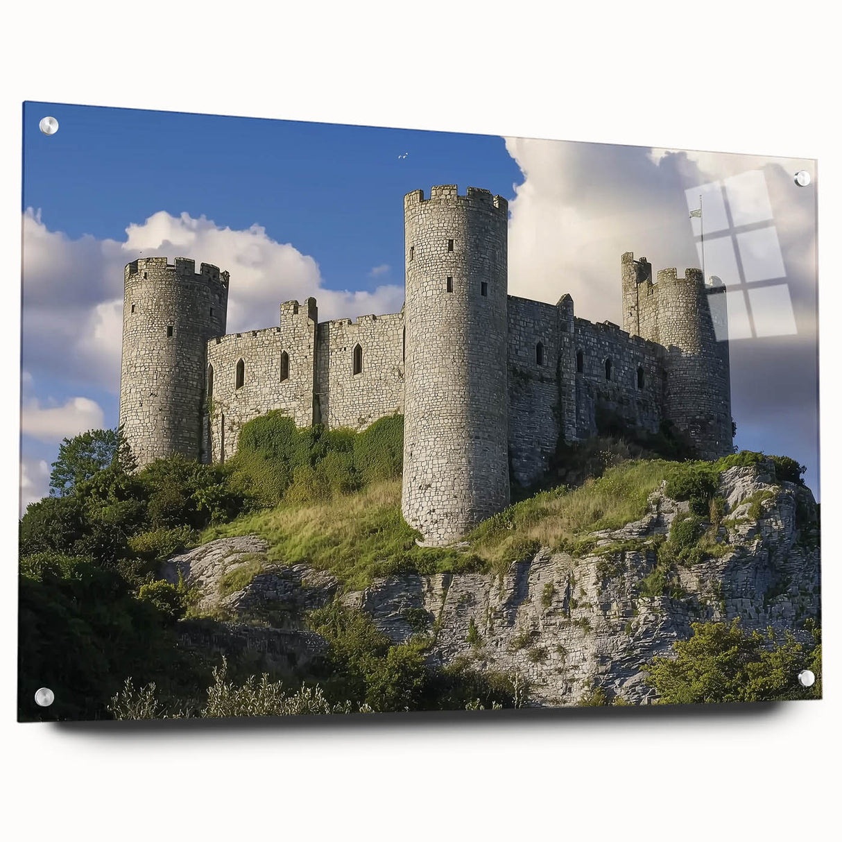 Acrylic glass artwork depicting a stunning landscape with a castle, presented in a sleek side view, showcasing vibrant colors and detailed textures, perfect for home decor.