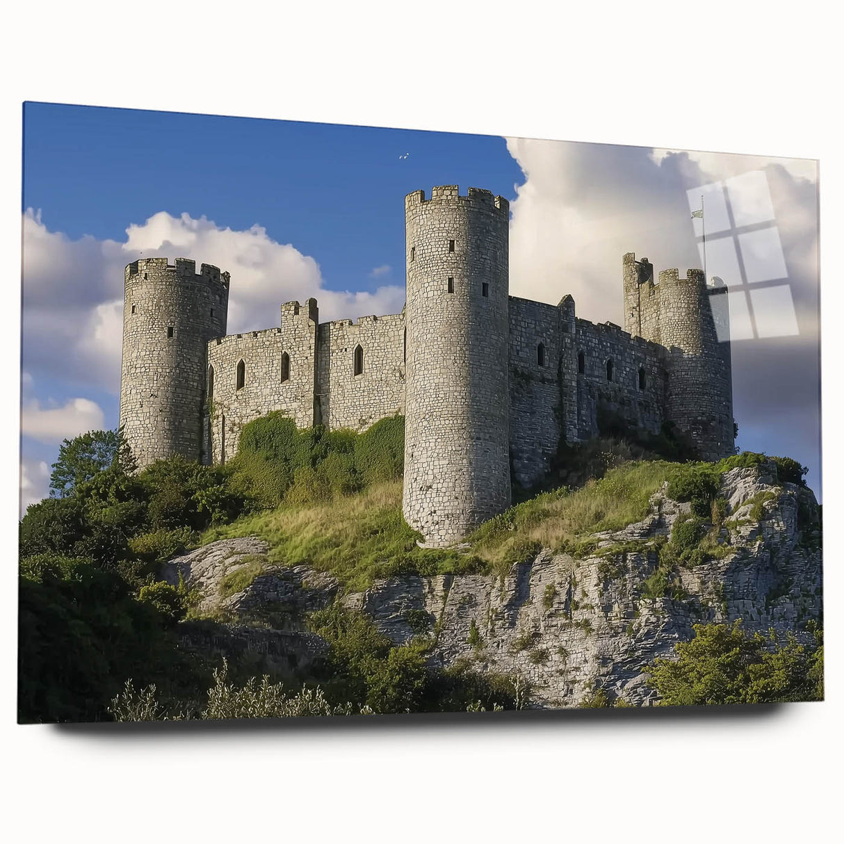 Acrylic glass artwork showcasing a stunning side view of a picturesque castle landscape, featuring vibrant colors and intricate details, ideal for home decor.