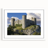 Elegant white-framed landscape artwork featuring a serene castle scene with lush greenery, perfect for home decor. This high-quality print enhances any interior space.
