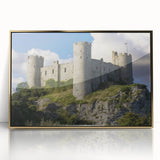 Framed acrylic artwork depicting a stunning landscape of an ornate castle, featuring rich gold accents and a sleek front view, perfect for elegant home decor.