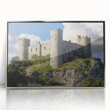 Framed acrylic artwork showcasing a stunning landscape with a castle, featuring a silver border and vibrant colors, ideal for home decor and art enthusiasts.