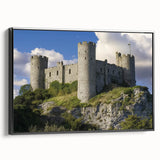 Framed canvas artwork showcasing a picturesque landscape with a majestic castle, elegantly displayed in a black frame, enhancing any interior decor. Perfect for adding a touch of sophistication to living spaces.