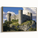 Framed canvas artwork showcasing a stunning landscape with a castle, featuring a gold frame and side view, perfect for enhancing home decor and elegance.
