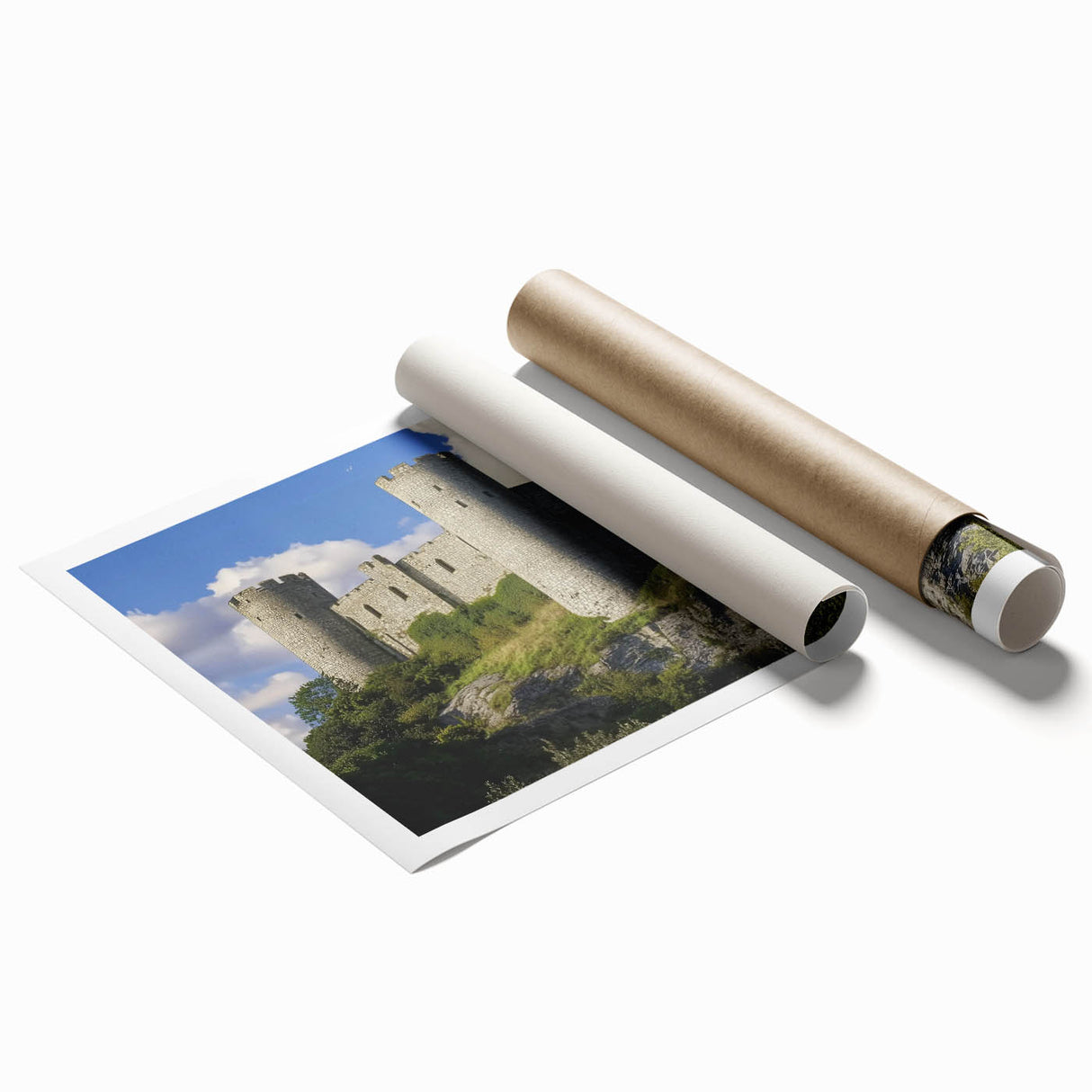 Rolled canvas print showcasing a vibrant landscape of an ornate castle surrounded by lush greenery, ideal for enhancing home decor with a touch of elegance.