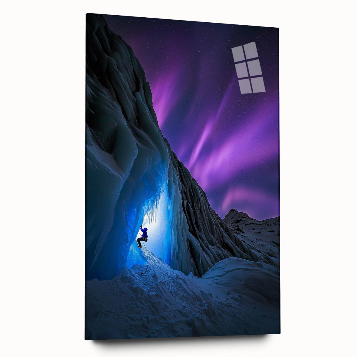 Acrylic glass artwork displaying a vibrant landscape scene of caves in rich colors, viewed from the side, highlighting its modern design and glossy finish.