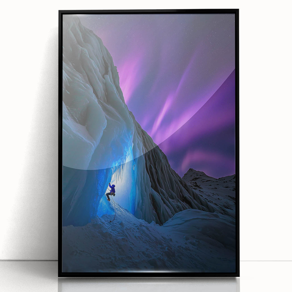 Framed acrylic artwork depicting a stunning landscape of caves, showcasing intricate details with a sleek black frame, perfect for modern home decor.