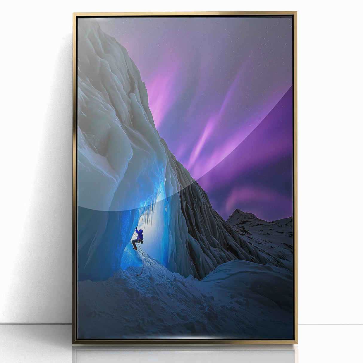 Framed acrylic artwork depicting a stunning cave landscape with gold accents, showcasing intricate details and vibrant colors, perfect for home decor.