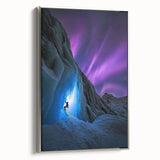 Framed canvas artwork showcasing a stunning landscape with intricate cave formations, featuring a silver frame that enhances the piece's elegance and depth. Perfect for adding a touch of nature-inspired decor to any living space.