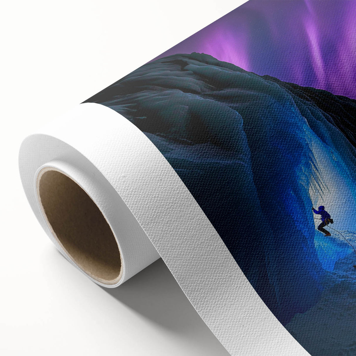 Rolled canvas artwork depicting a vibrant landscape with intricate cave formations and earthy tones, elegantly packaged in a protective cardboard tube for display.