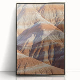 Framed acrylic artwork showcasing a stunning landscape of cliffs, featuring a silver frame that enhances the vibrant colors and intricate details, perfect for modern decor.
