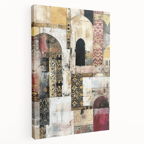 Abstract architecture wall art on stretched canvas showcasing geometric shapes in bold colors, displayed from the side to highlight its depth and texture. Ideal for modern decor enthusiasts seeking unique artistic expressions.