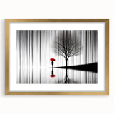 Abstract figurative wall art framed in gold with a white mat, showcasing vibrant colors and dynamic shapes, perfect for modern home decor.