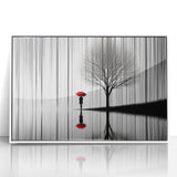 Abstract figurative wall art featuring vibrant colors and bold shapes, framed in white acrylic, perfect for modern home decor and artistic expression.