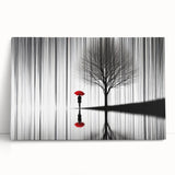 Abstract figurative wall art design on stretched canvas, featuring vibrant colors and dynamic shapes, leaning against a white wall to enhance modern decor.