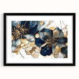 Abstract floral wall art print in a black frame with a mat, showcasing vibrant colors and intricate designs, perfect for modern home decor or office settings.