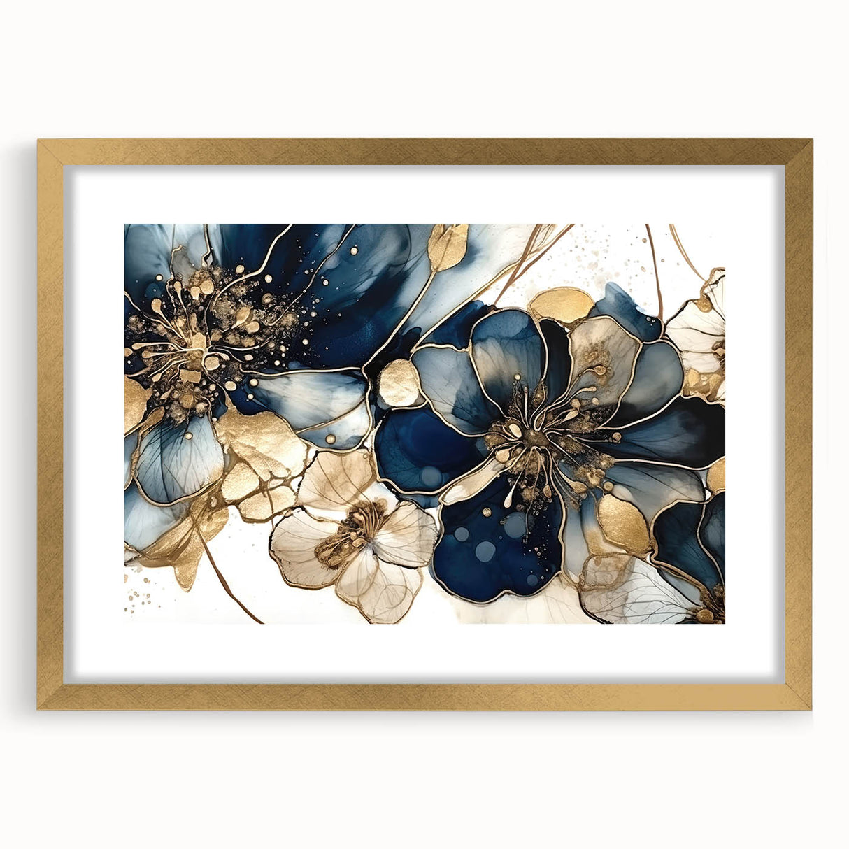 Abstract floral wall art framed in gold, showcasing vibrant colors and intricate designs, ideal for enhancing modern home decor aesthetics.