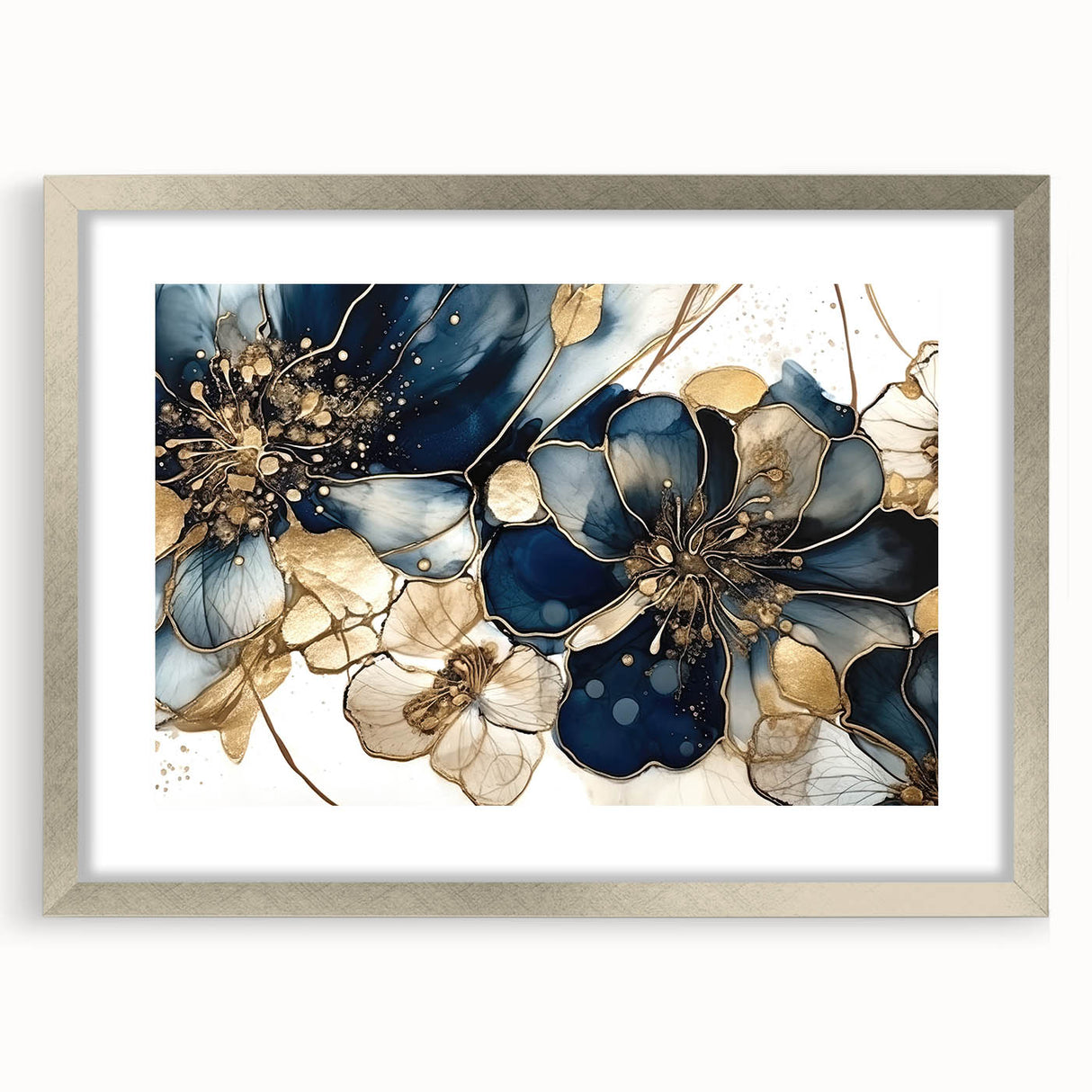 Abstract floral wall art framed in silver with a mat border, showcasing vibrant colors and intricate patterns, ideal for modern home decor enhancement.