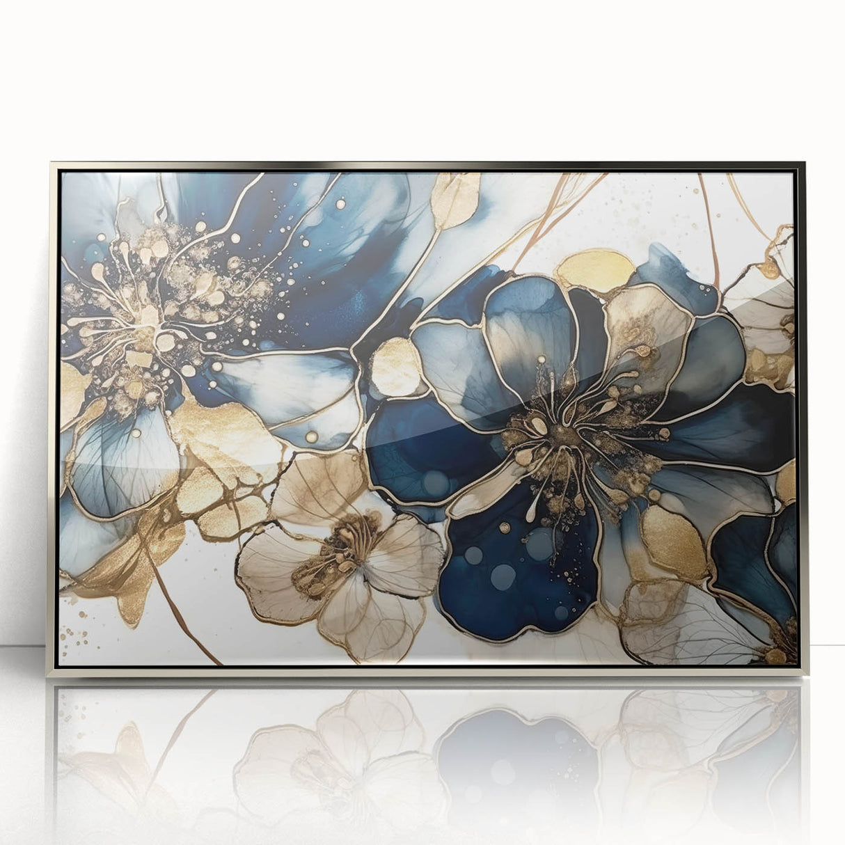Framed abstract floral wall art featuring vibrant colors and intricate designs, set in a sleek silver frame, ideal for modern home decor.