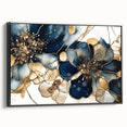 Framed abstract floral wall art in black, showcasing vibrant colors and intricate designs, ideal for modern home decor. Side view highlights the sleek frame and canvas texture, perfect for enhancing interior aesthetics.