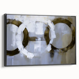 Abstract geometric framed canvas artwork in black, showcasing intricate patterns and modern design elements. Perfect for contemporary home decor, enhancing any living space with its stylish aesthetic.