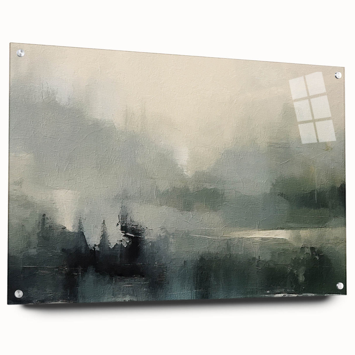 Abstract landscape wall art design displayed in acrylic glass, showcasing vibrant colors and intricate patterns, ideal for modern home decor. Side view highlights unique pin mounting for an elegant finish.