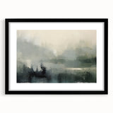Abstract landscape wall art in a sleek black frame with a white mat, showcasing vibrant colors and fluid shapes, perfect for modern home decor.