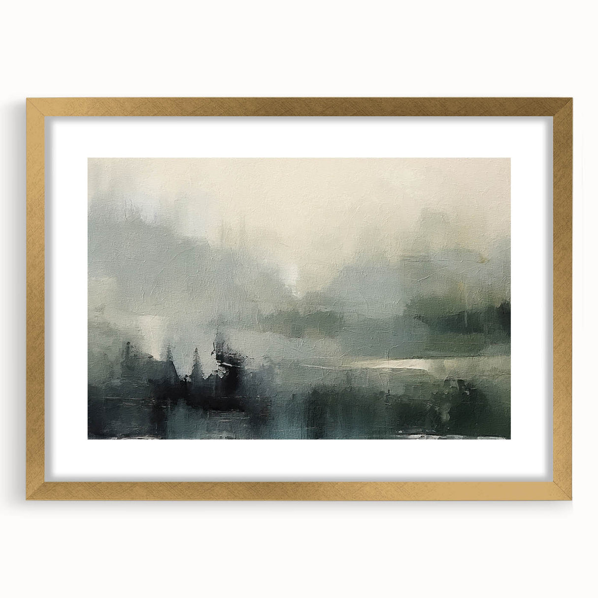 Framed abstract landscape wall art featuring soft gold tones and a modern mat, designed to enhance contemporary home decor in living spaces or offices.