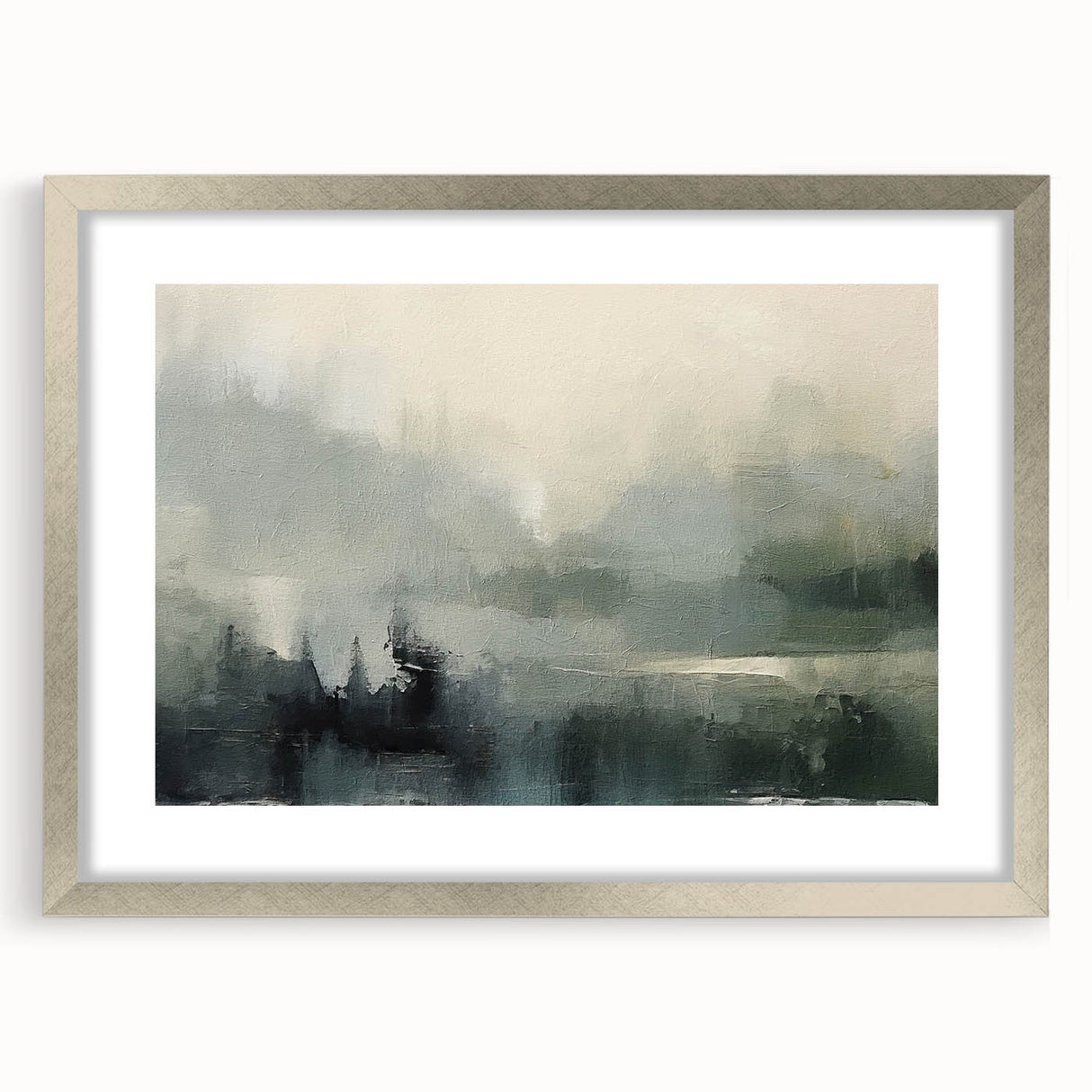 Abstract landscape wall art framed in silver with a mat, showcasing vibrant colors and fluid shapes, perfect for modern home decor and artistic interiors.