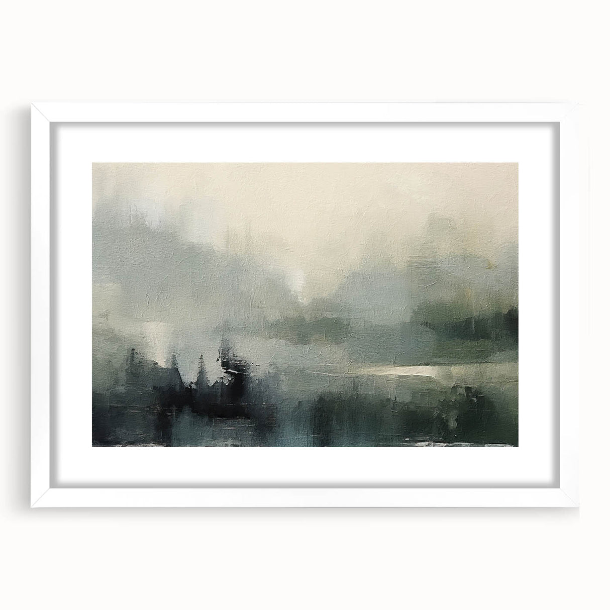 Abstract landscape wall art framed with a white mat, showcasing vibrant colors and fluid shapes, perfect for modern home decor and artistic expression.