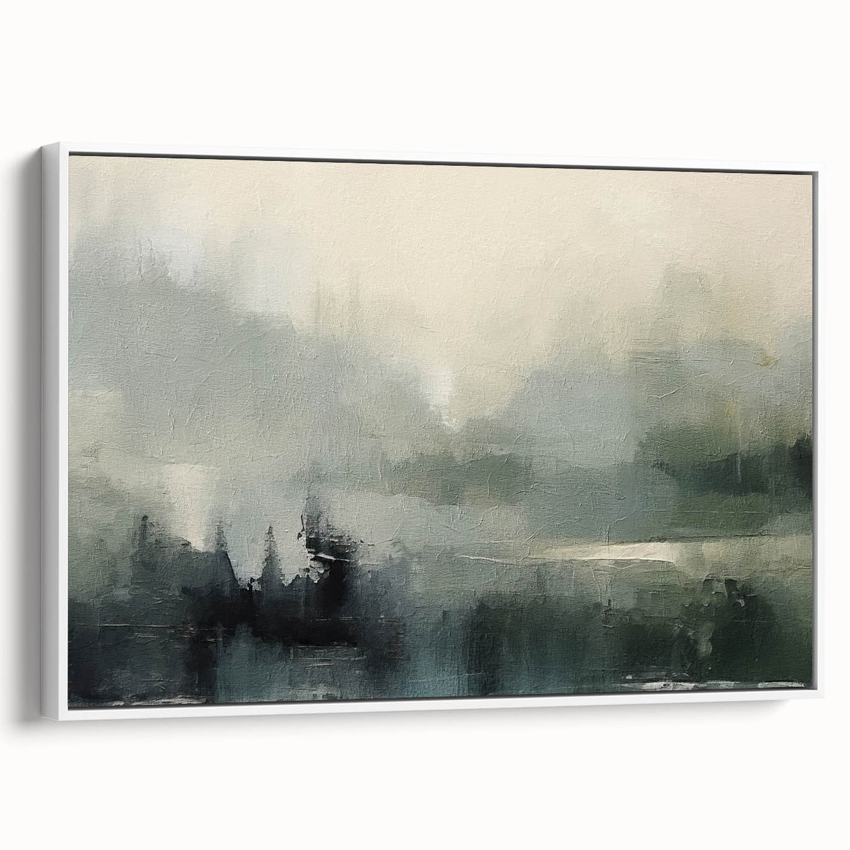 Framed abstract landscape wall art featuring soft pastel colors and fluid shapes, presented in a white frame, enhancing contemporary home decor aesthetics.