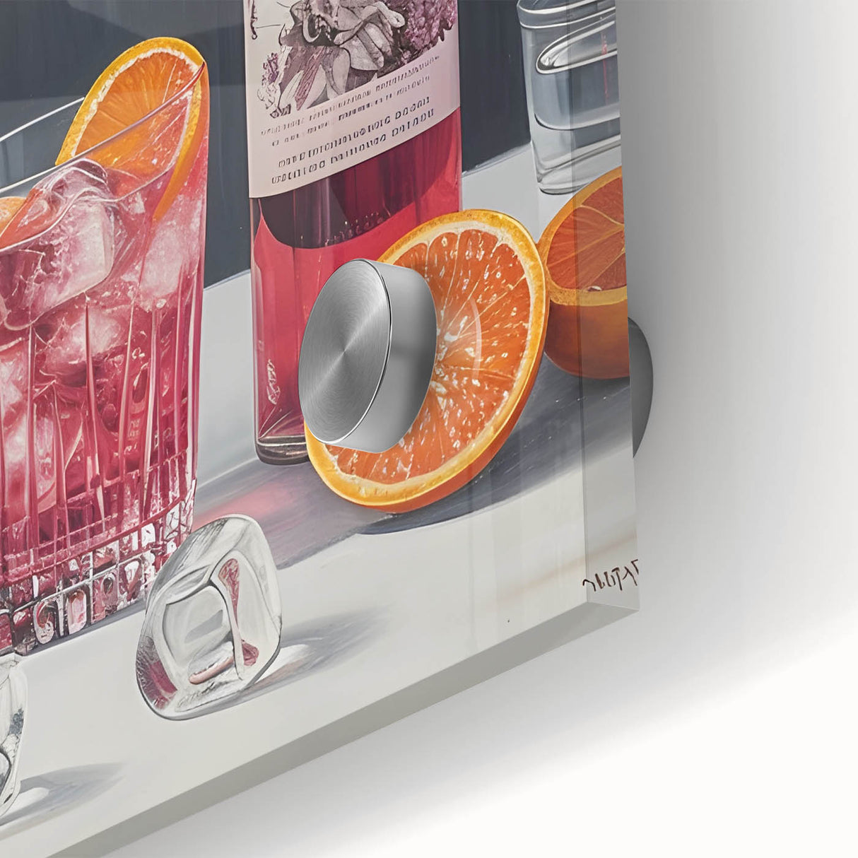 Large abstract wall art in vibrant orange and red tones on acrylic glass, ideal for dining room ambiance.