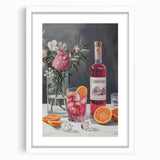 Abstract art print featuring swirling patterns in blue and gray tones on a white framed canvas.