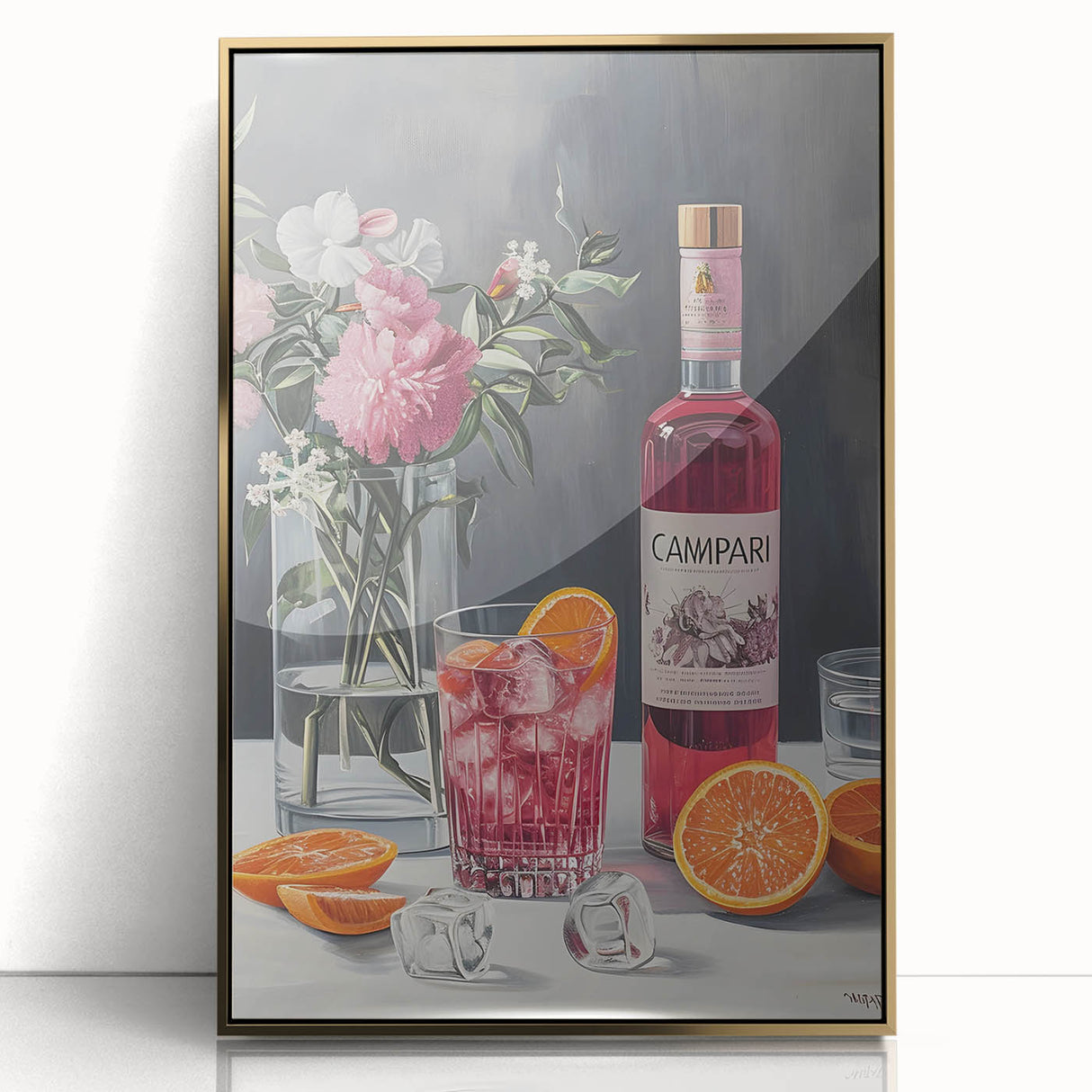 Large art print of a mid-century modernist design featuring food and drinks depicted in gold tones on a framed acrylic panel.