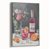 Framed canvas featuring a vintage poster of a colorful landscape with black accents, ideal for dining room decor.